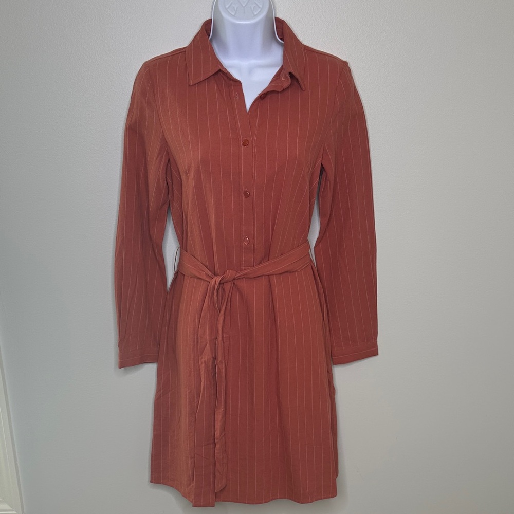 Promesa 3/4 Button Long Sleeve Rust Orange Stripe Belted Dress Size Small NWT